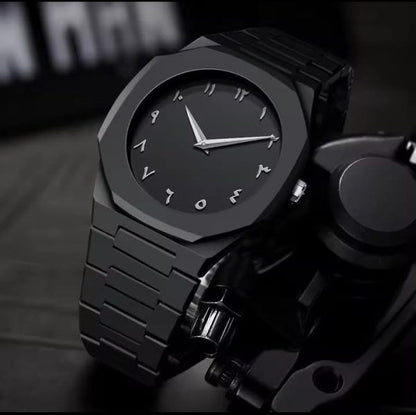 Arabic Aura Watch - 2025 Black Modern Creative Design - Waterproof Stainless Steel Chain Quartz Movement